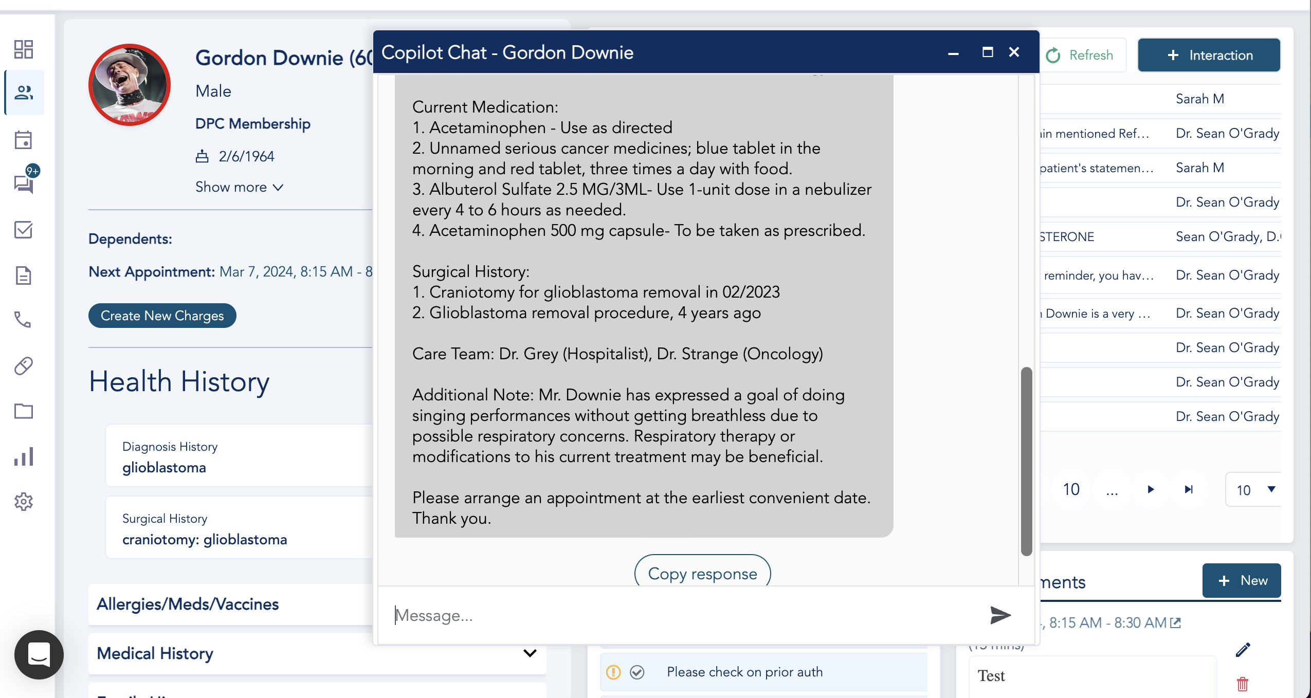 Copilot chat with patient screenshot